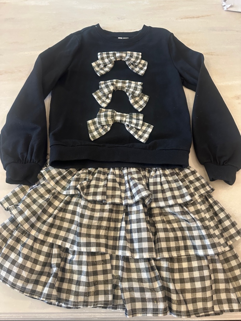 Janie and Jack Black Top with Black & White Gingham Bow and Skirt Set